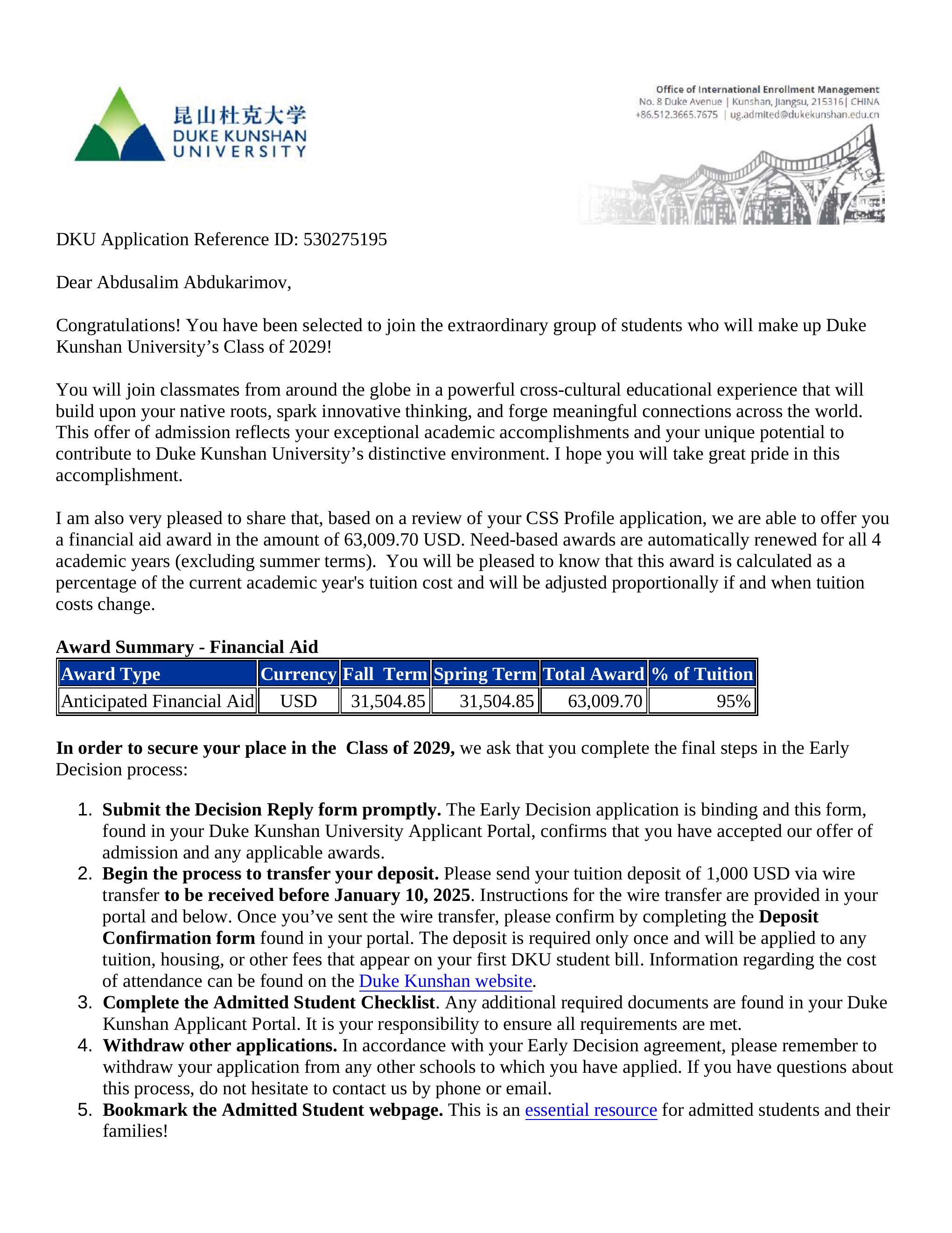Duke Kunshan University acceptance letter for Abdusalim Abdukarimov