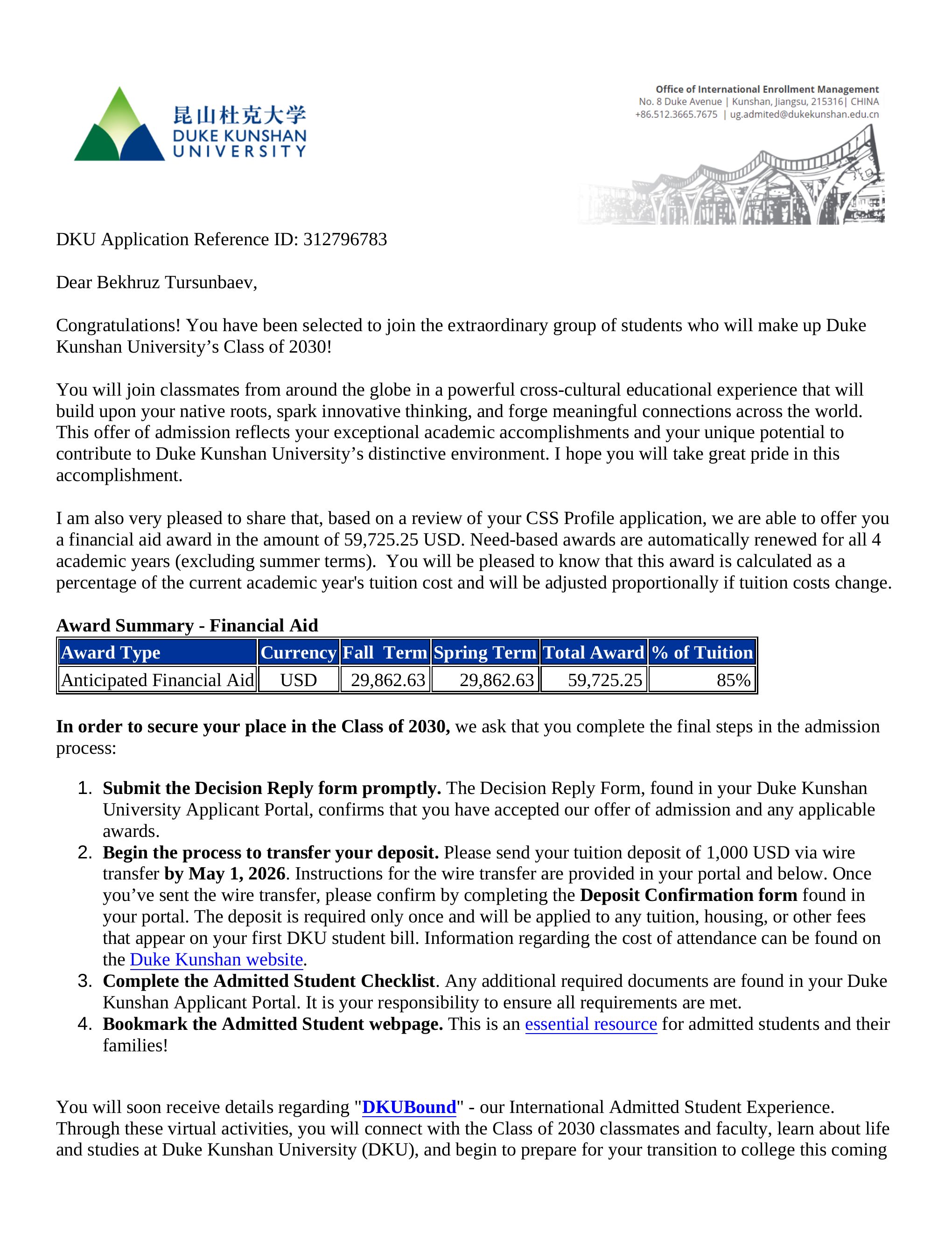 Duke Kunshan University acceptance letter for Bekhruz Tursunbaev