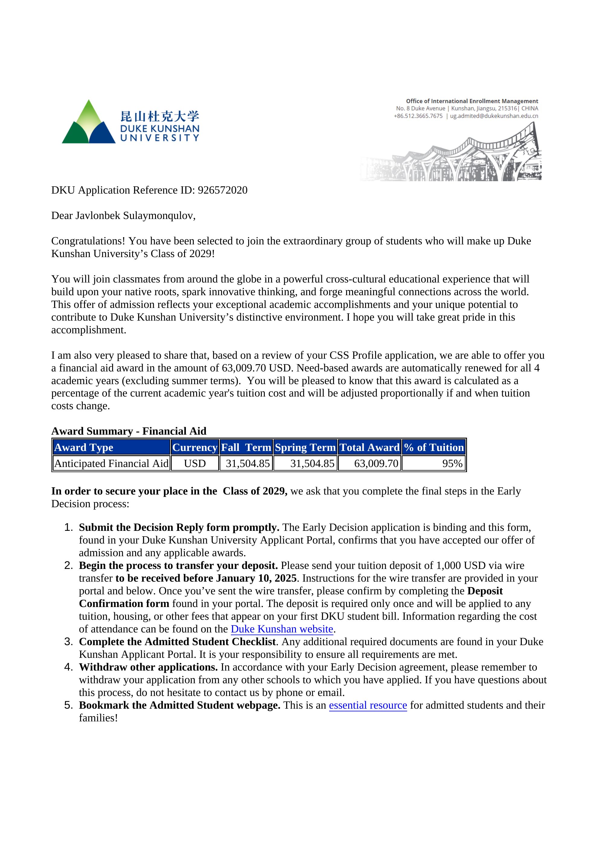 Duke Kunshan University acceptance letter for Javlonbek Sulaymonqulov