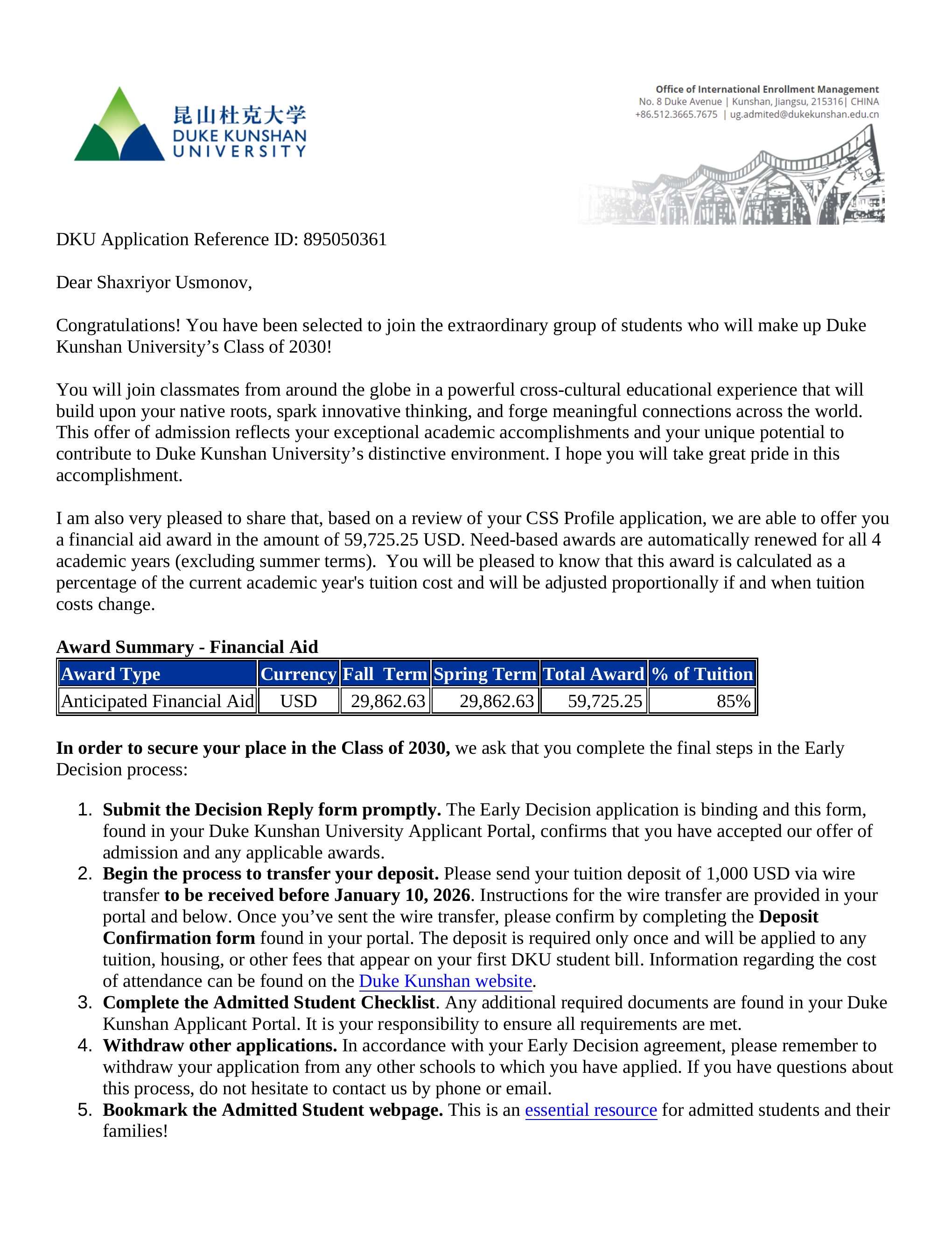 Duke Kunshan University acceptance letter for Shaxriyor Usmonov
