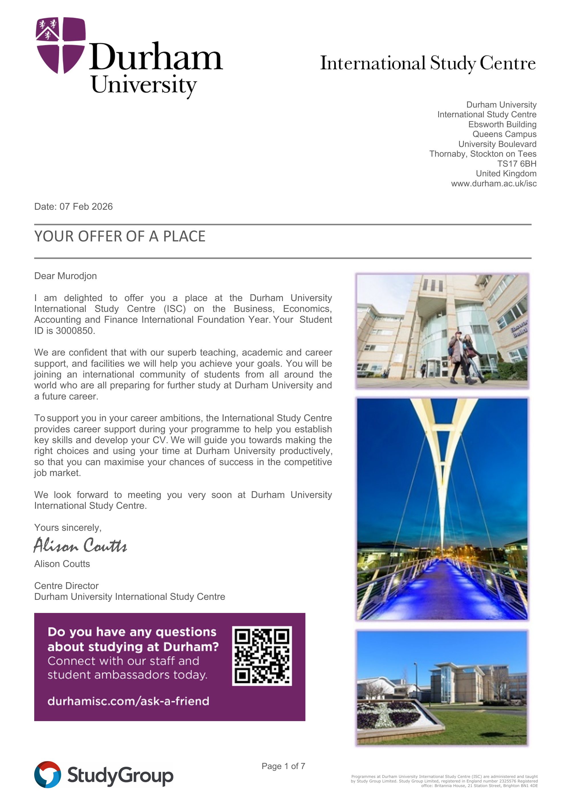 Durham University acceptance letter for Murodjon Oripjonov
