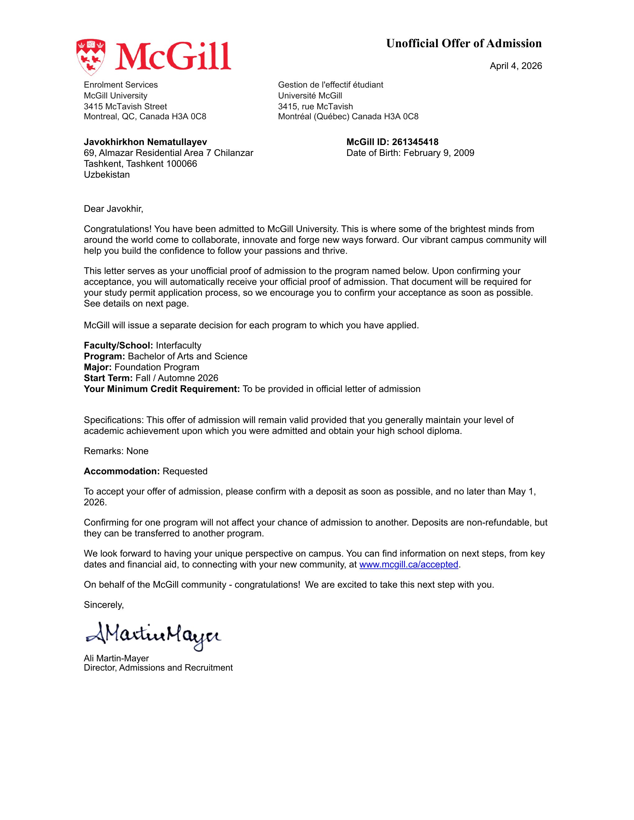 McGill University acceptance letter for Javokhirkhon Nematullayev