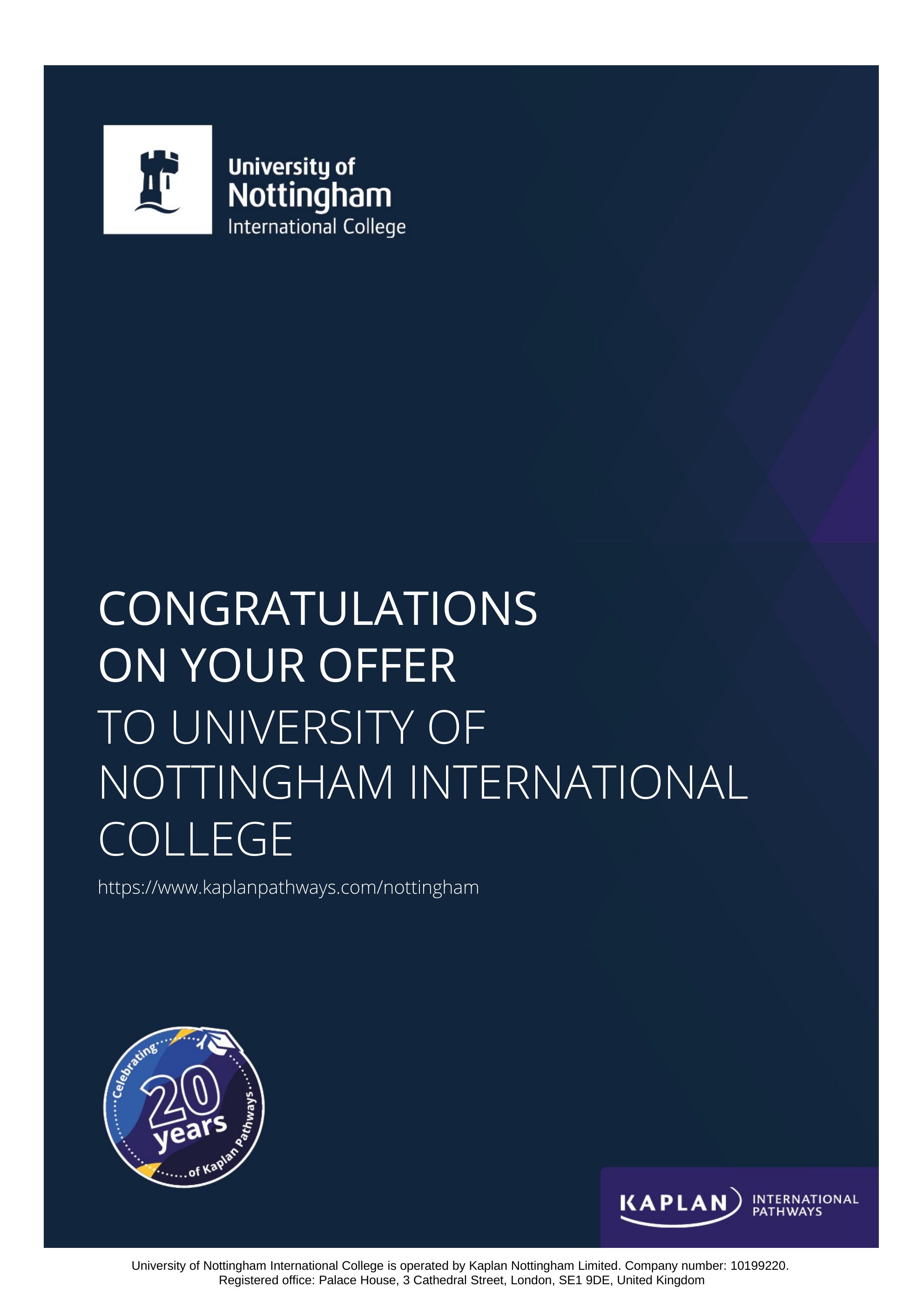University of Nottingham acceptance letter for Murodjon Oripjonov