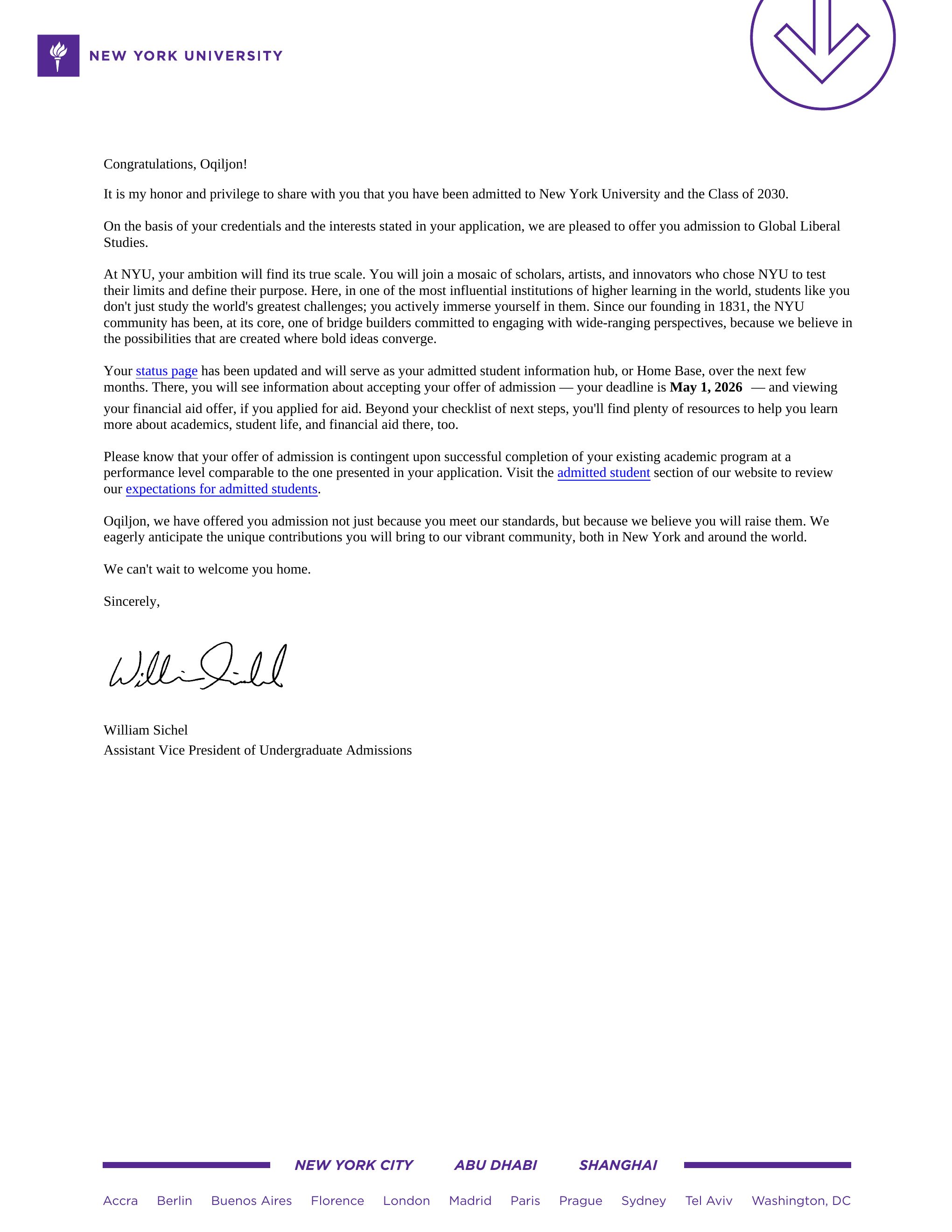 New York University acceptance letter for Oqiljon