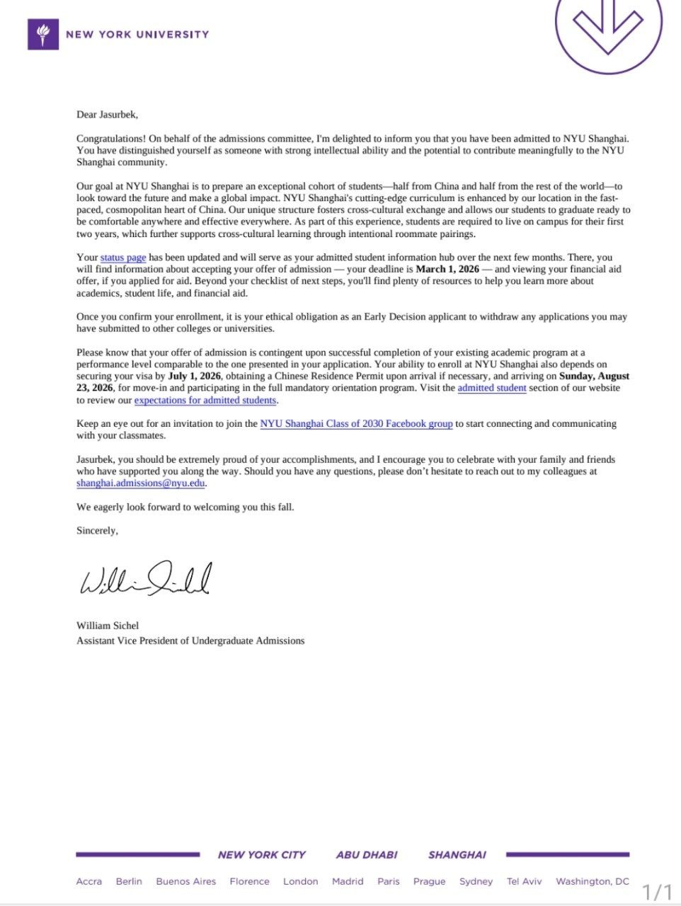 NYU Shanghai acceptance letter for Jasurbek