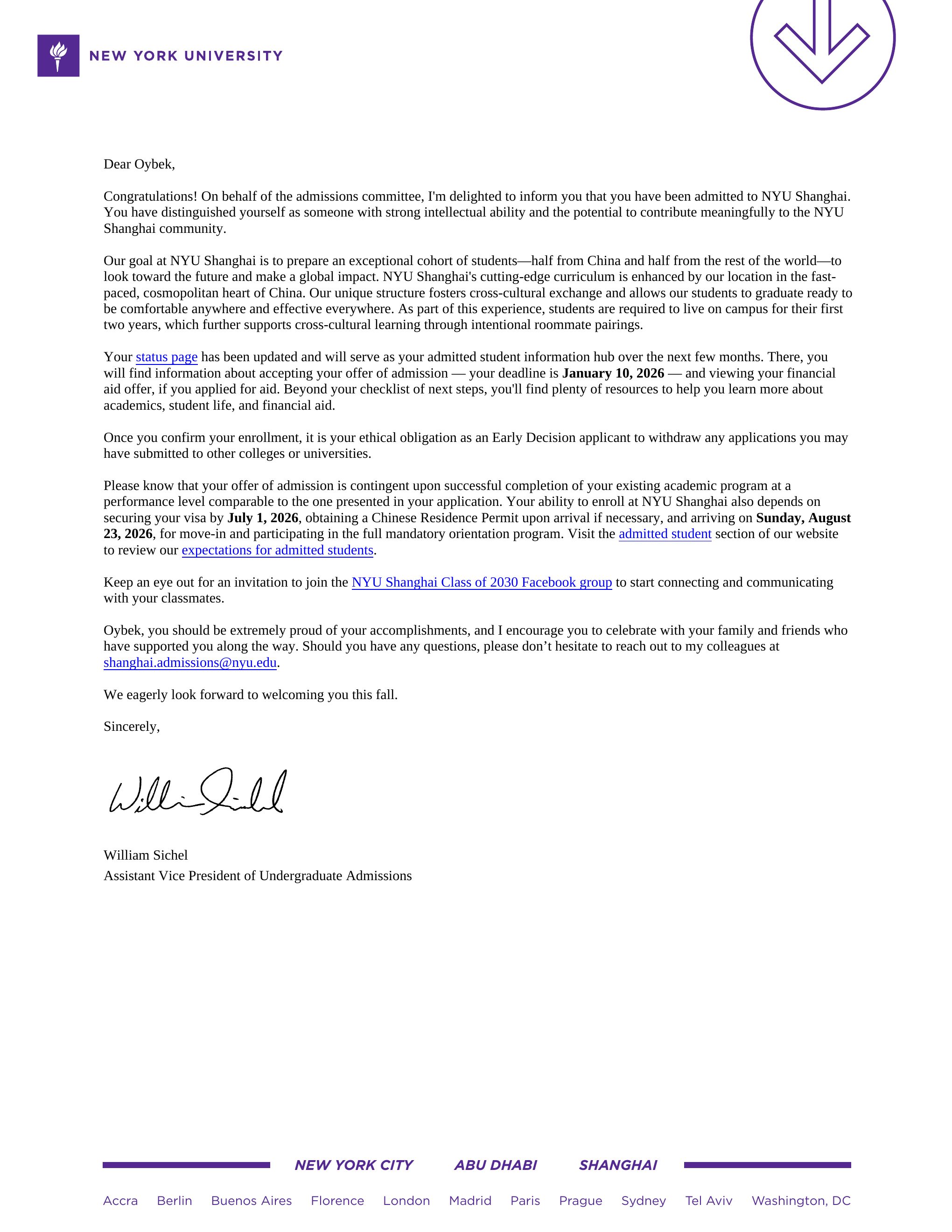 NYU Shanghai acceptance letter for Oybek