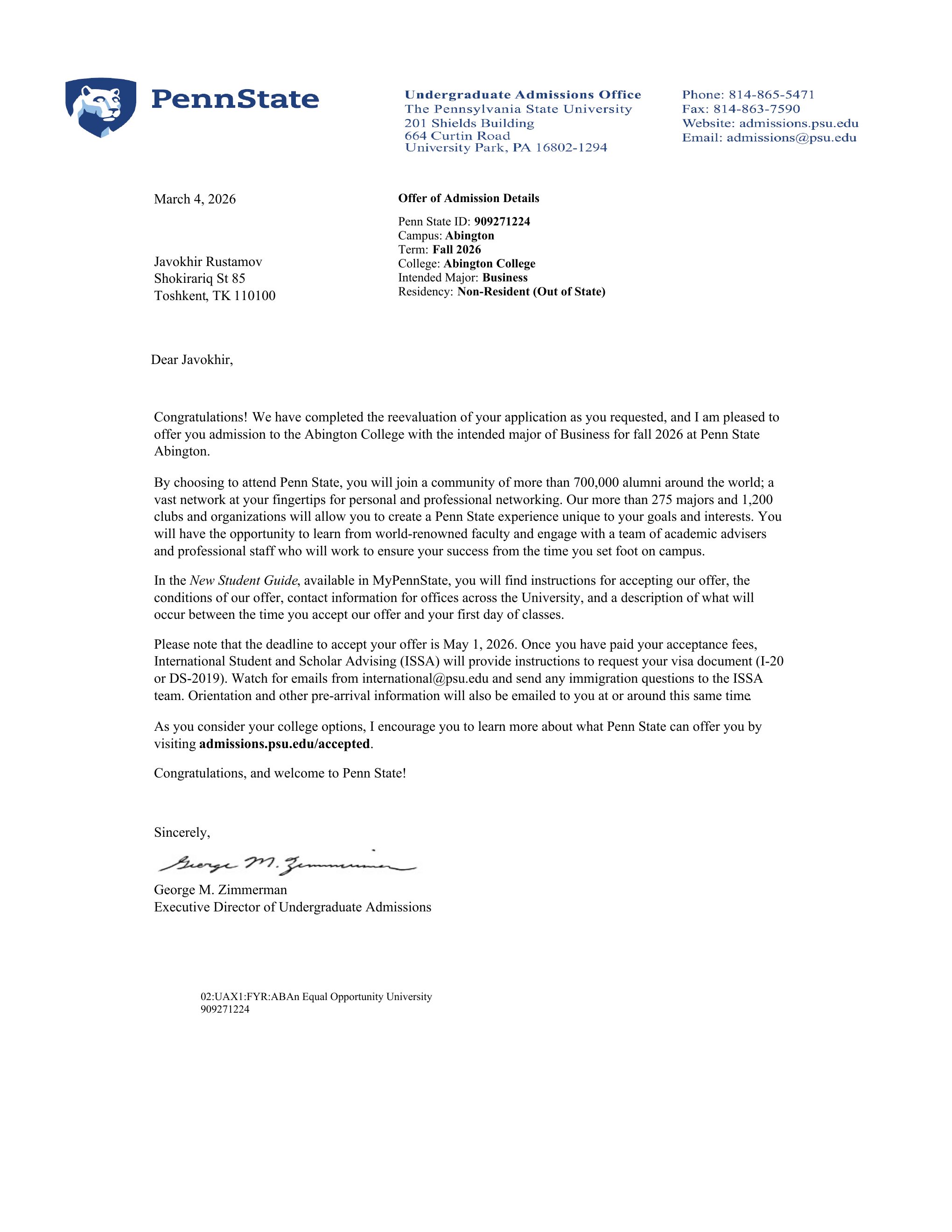 Penn State University acceptance letter for Javokhir Rustamov