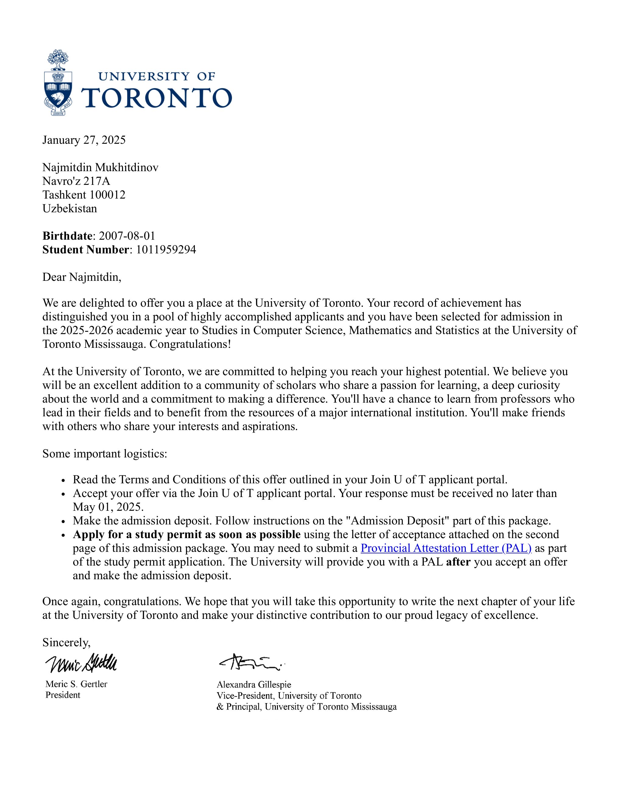 University of Toronto acceptance letter for Najmitdin Mukhitdinov
